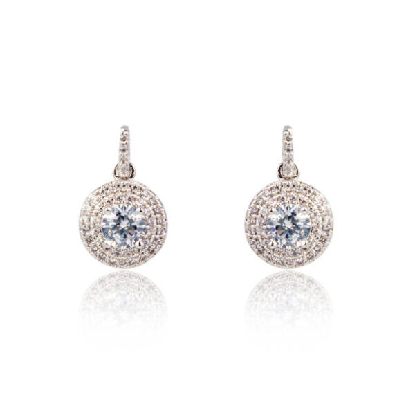 Pair of silver diamond earrings isolated on white background